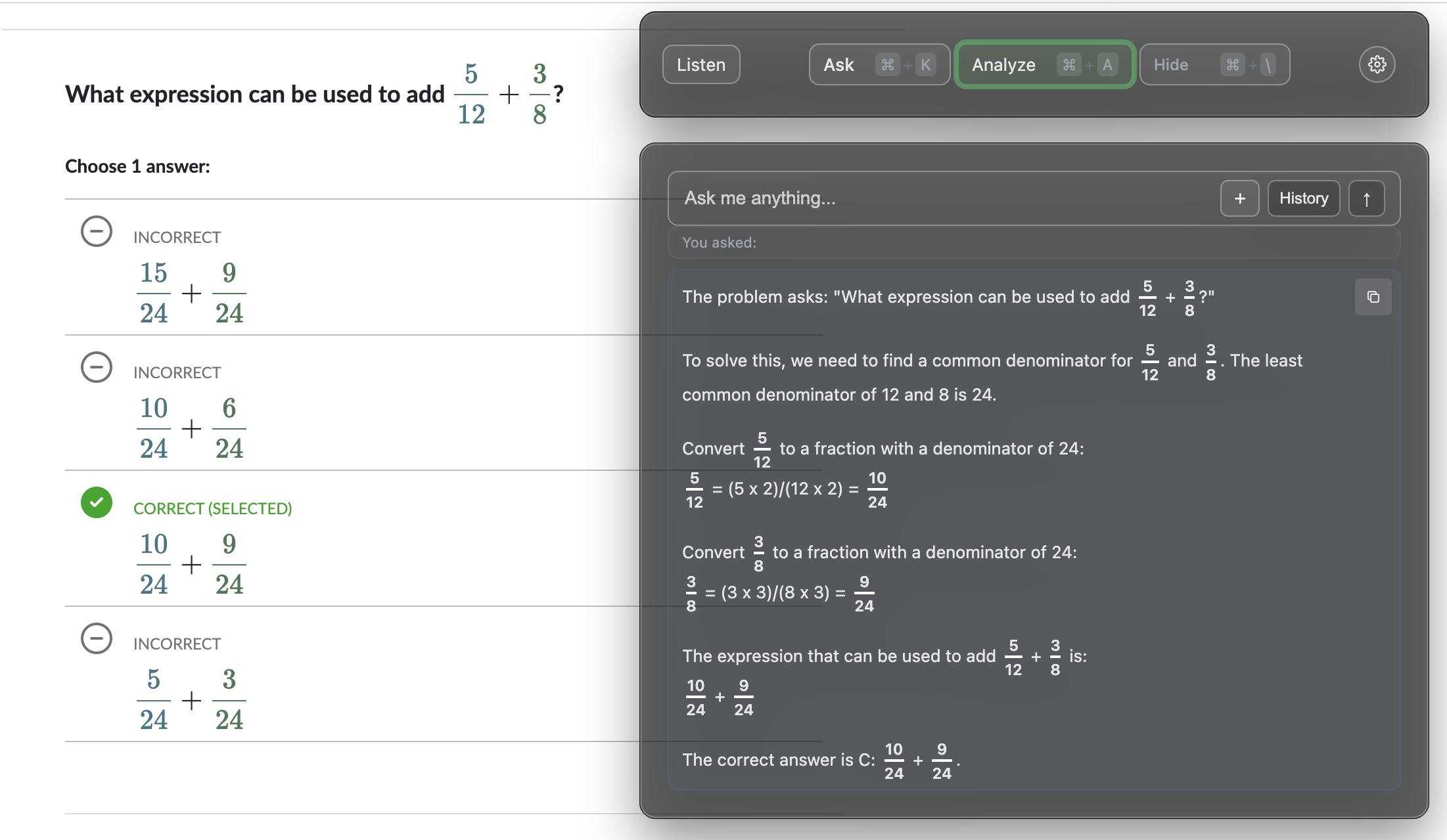 Math Learning Interface - AI-powered educational tool showing fraction addition problem with step-by-step solution